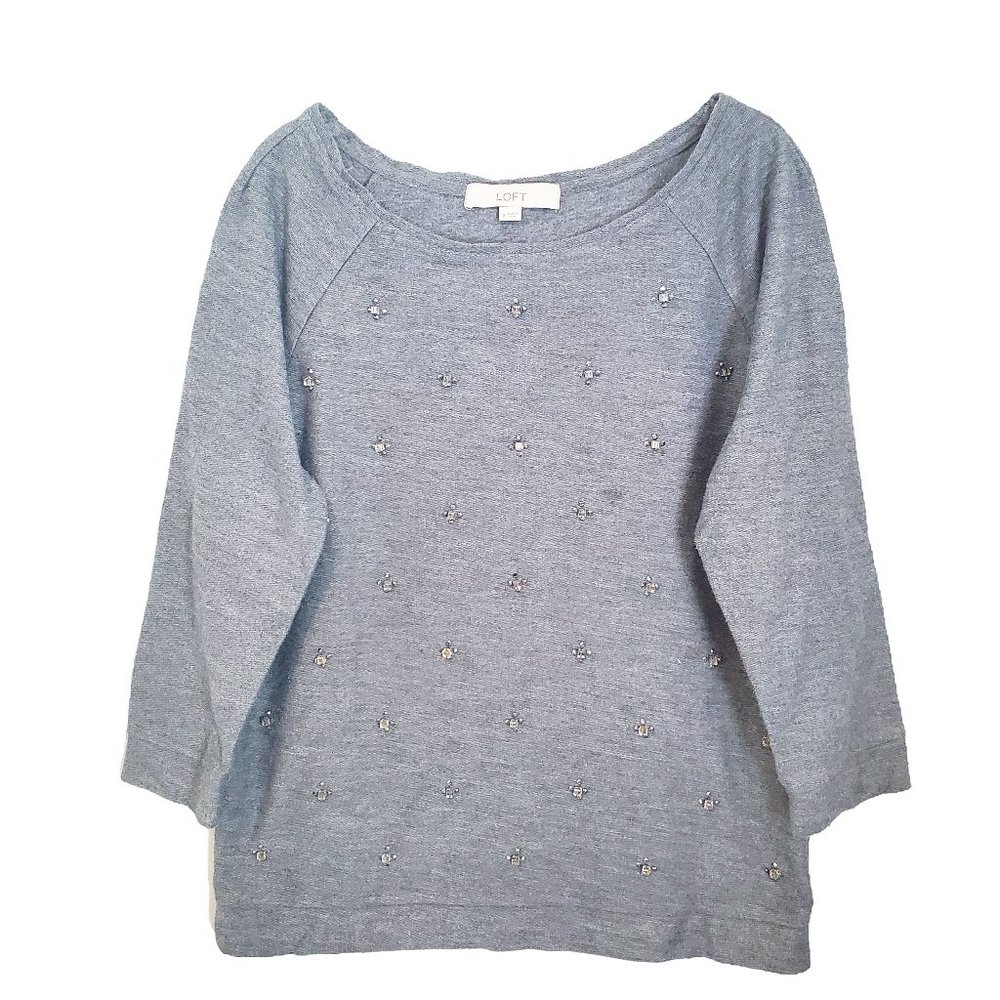 LOFT Women's Long Sleeved Grey T-shirt with Bejeweled Accents